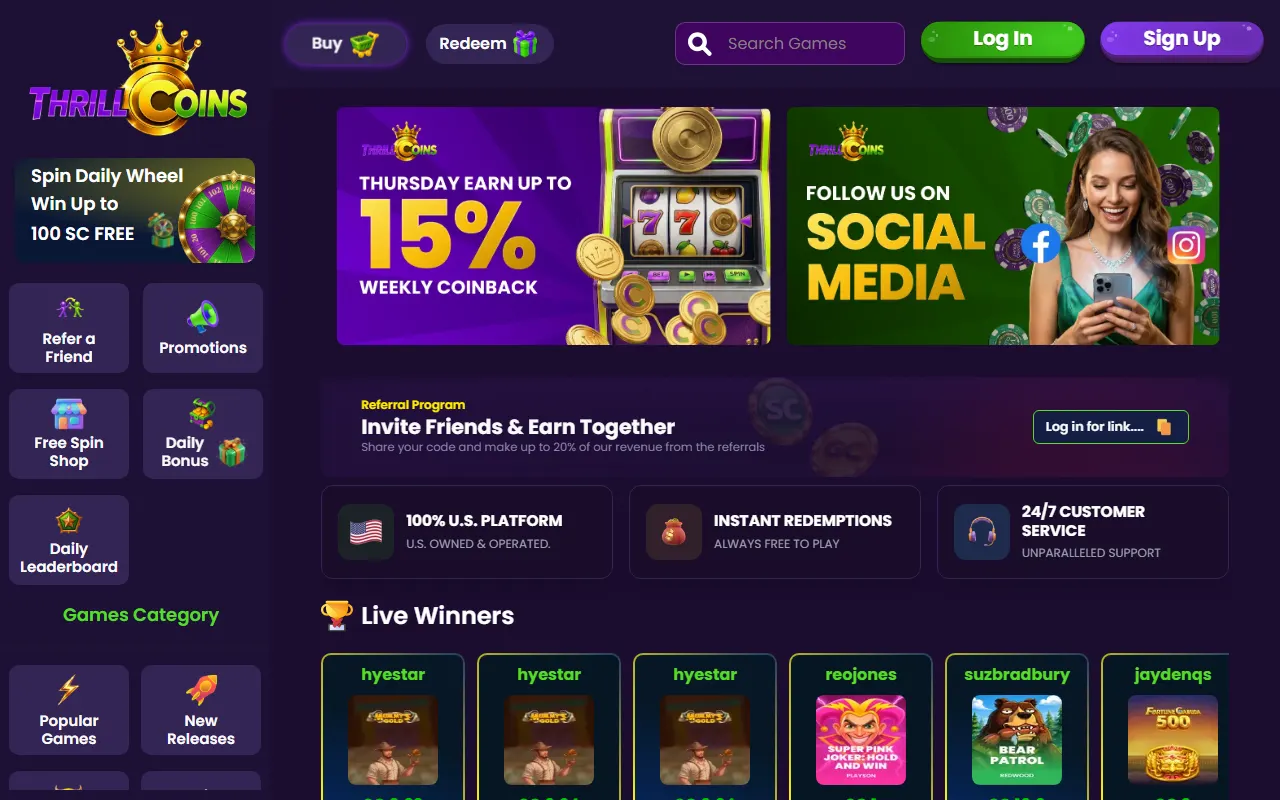 Screenshot of the ThrillCoins website