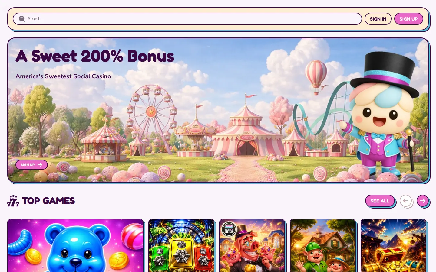 Screenshot of the Sweet Sweeps website